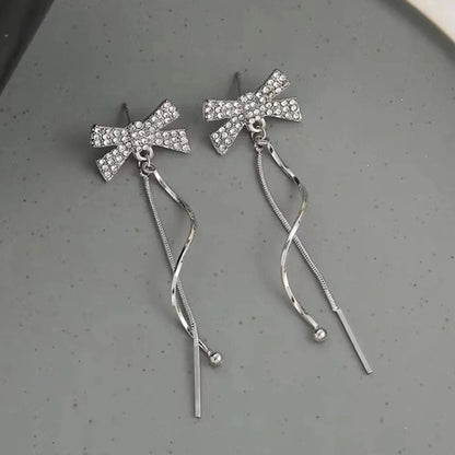 1 Pair Elegant Sweet Bow Knot Plating Inlay Alloy Artificial Rhinestones White Gold Plated Drop Earrings