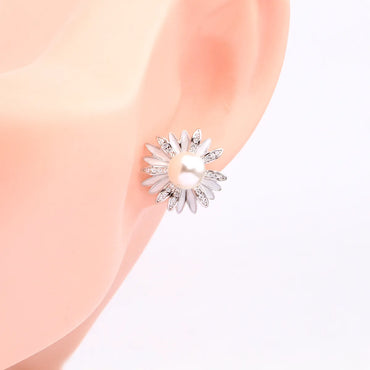 1 Pair Elegant Sweet Flower Inlay Sterling Silver Rhinestones Pearl Gold Plated Ear Studs