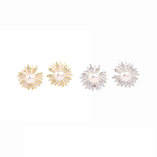 1 Pair Elegant Sweet Flower Inlay Sterling Silver Rhinestones Pearl Gold Plated Ear Studs