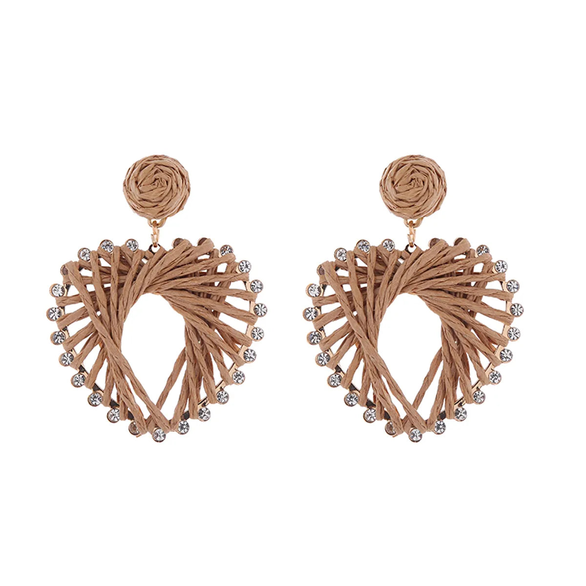 1 Pair Elegant Sweet Heart Shape Inlay Alloy Raffia Rhinestones Gold Plated Drop Earrings