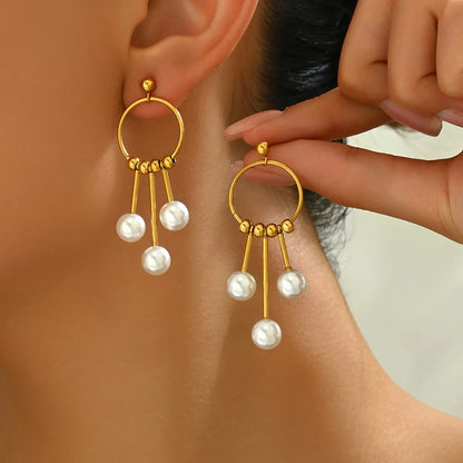 1 Pair Elegant Sweet Irregular Geometric Round Inlay 201 Stainless Steel Artificial Pearls 18K Gold Plated Drop Earrings