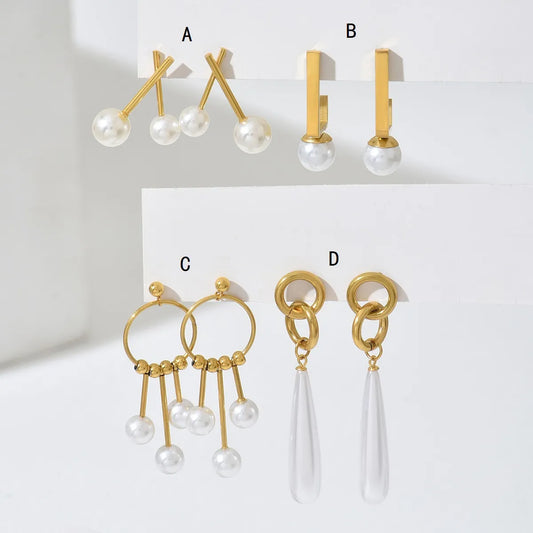 1 Pair Elegant Sweet Irregular Geometric Round Inlay 201 Stainless Steel Artificial Pearls 18K Gold Plated Drop Earrings