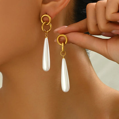 1 Pair Elegant Sweet Irregular Geometric Round Inlay 201 Stainless Steel Artificial Pearls 18K Gold Plated Drop Earrings