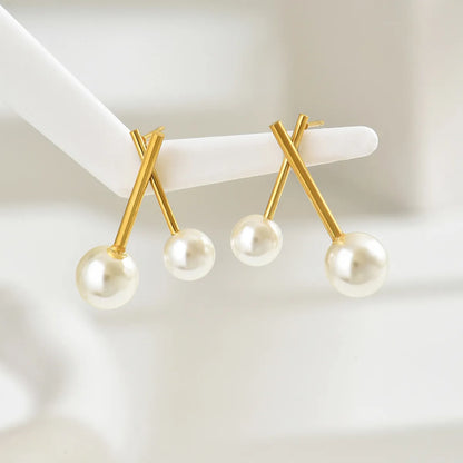 1 Pair Elegant Sweet Irregular Geometric Round Inlay 201 Stainless Steel Artificial Pearls 18K Gold Plated Drop Earrings