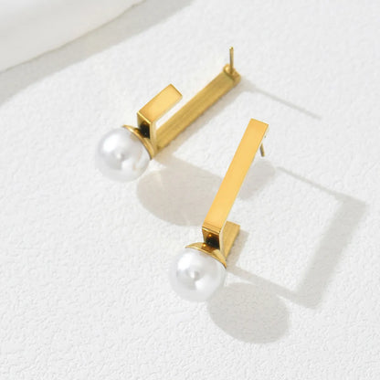 1 Pair Elegant Sweet Irregular Geometric Round Inlay 201 Stainless Steel Artificial Pearls 18K Gold Plated Drop Earrings