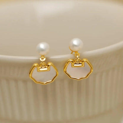 1 Pair Elegant Sweet Lock Inlay Copper Pearl Shell 18K Gold Plated Drop Earrings