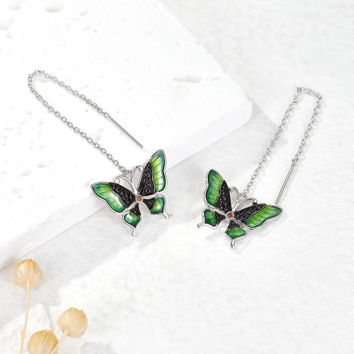 1 Pair Elegant Sweet Pastoral Butterfly Enamel Plating Inlay Sterling Silver Zircon Rhodium Plated Drop Earrings