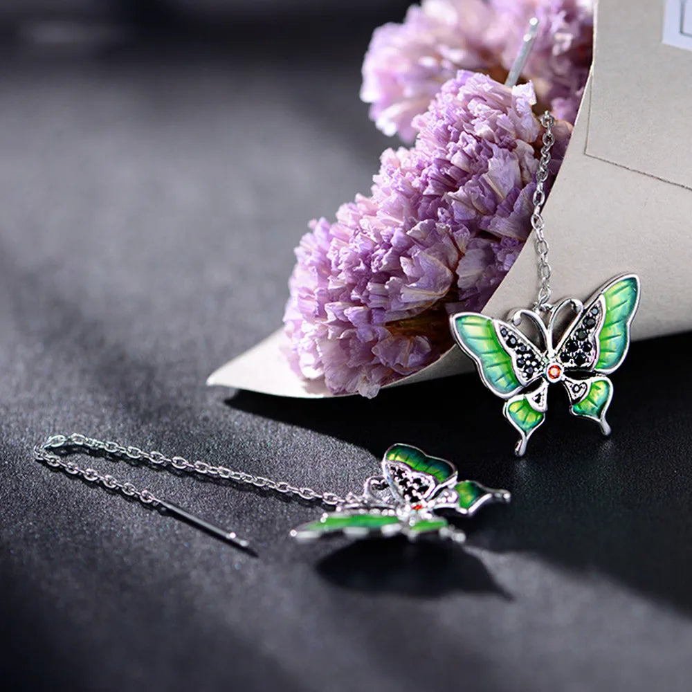 1 Pair Elegant Sweet Pastoral Butterfly Enamel Plating Inlay Sterling Silver Zircon Rhodium Plated Drop Earrings