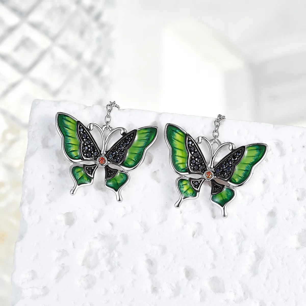 1 Pair Elegant Sweet Pastoral Butterfly Enamel Plating Inlay Sterling Silver Zircon Rhodium Plated Drop Earrings