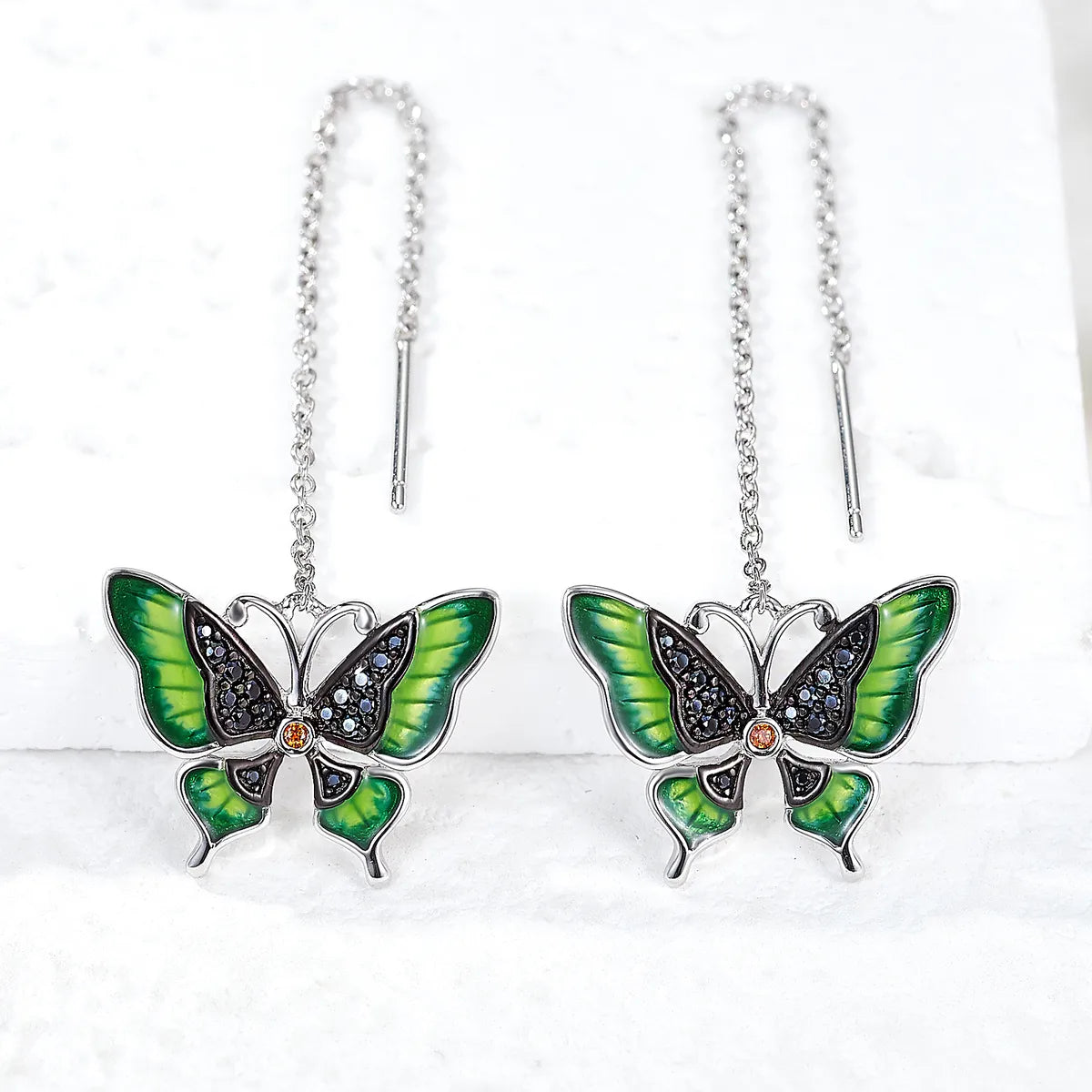 1 Pair Elegant Sweet Pastoral Butterfly Enamel Plating Inlay Sterling Silver Zircon Rhodium Plated Drop Earrings