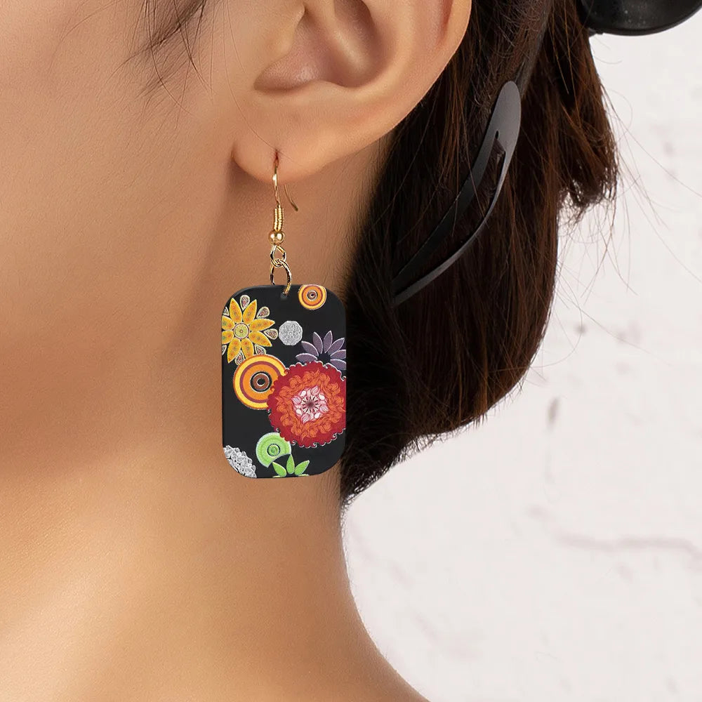 1 Pair Elegant Sweet Pastoral Printing Geometric Flower Arylic Drop Earrings