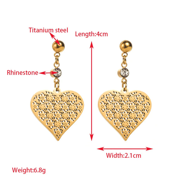 1 Pair Elegant Sweet Round Heart Shape Butterfly Inlay 304 Stainless Steel Rhinestones 18K Gold Plated Drop Earrings