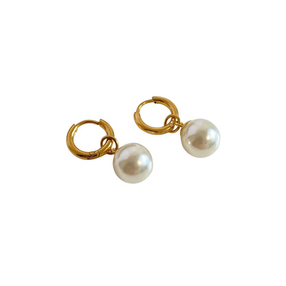 1 Pair Elegant Sweet Round Plating Inlay Titanium Steel Pearl 18k Gold Plated Drop Earrings