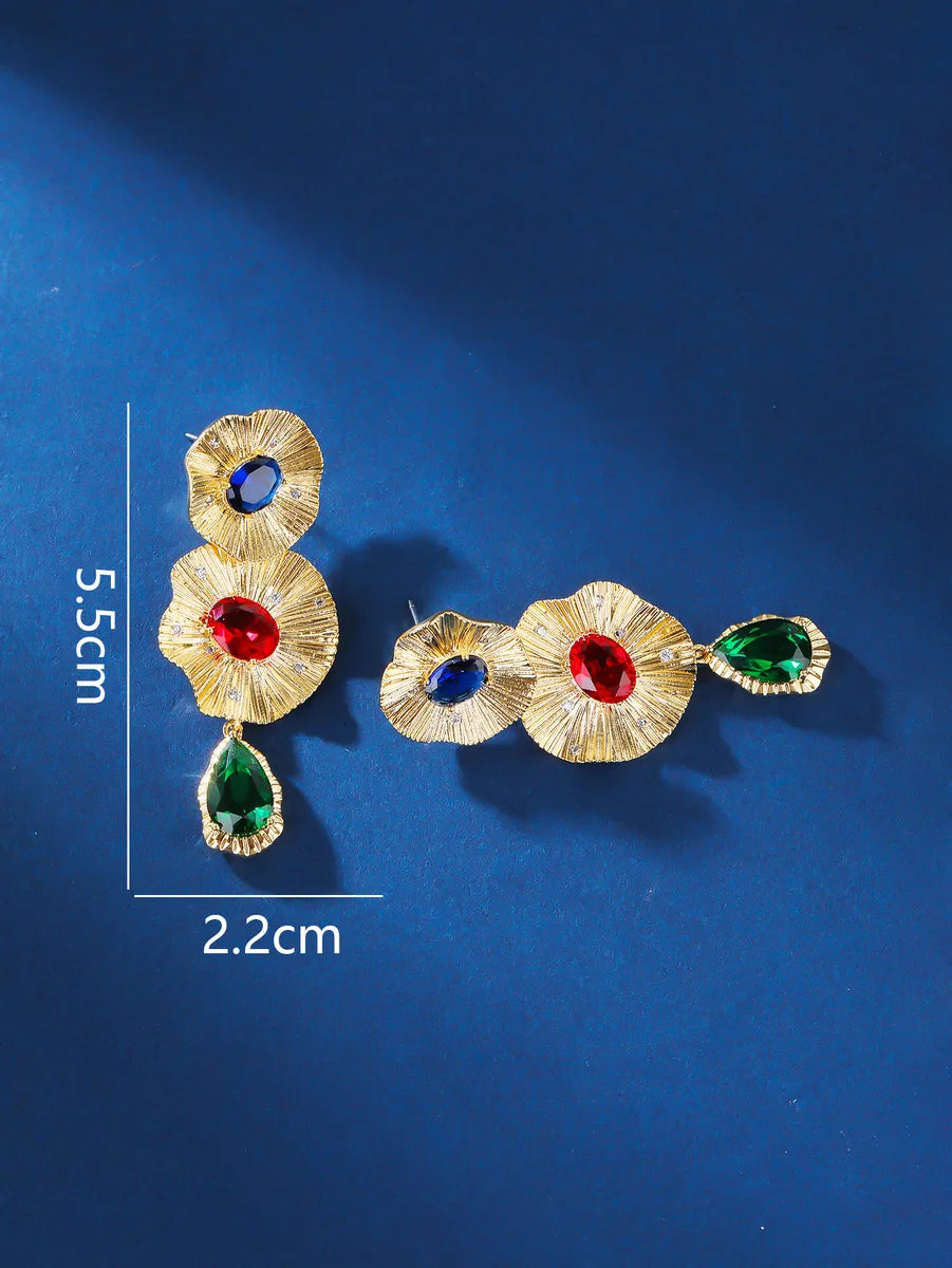 1 Pair Elegant Sweet Simple Style Flower Plating Inlay Copper Glass Stone 18k Gold Plated Drop Earrings