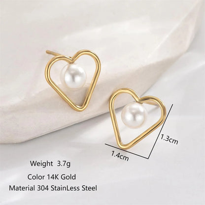 1 Pair Elegant Sweet Simple Style Heart Shape Rectangle Hollow Out Inlay Stainless Steel Artificial Pearls 14K Gold Plated Drop Earrings Ear Studs