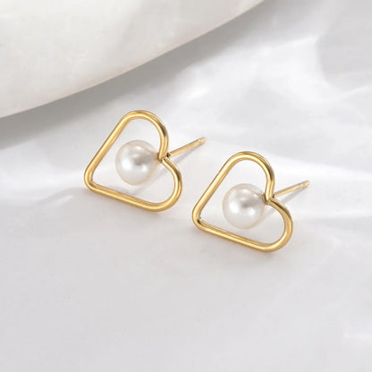 1 Pair Elegant Sweet Simple Style Heart Shape Rectangle Hollow Out Inlay Stainless Steel Artificial Pearls 14K Gold Plated Drop Earrings Ear Studs