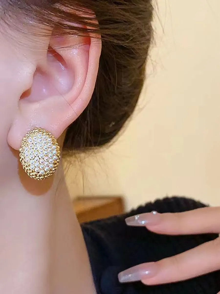 1 Pair Elegant Sweet Simple Style Round Oval Imitation Pearl Alloy Rhinestone Gold Plated Ear Studs