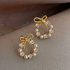1 Pair Elegant Sweet Square Heart Shape Bow Knot Inlay Imitation Pearl Alloy Rhinestones Earrings