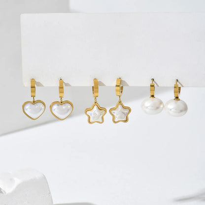 1 Pair Elegant Sweet Star Heart Shape Inlay 201 Stainless Steel Artificial Pearls 18K Gold Plated Drop Earrings