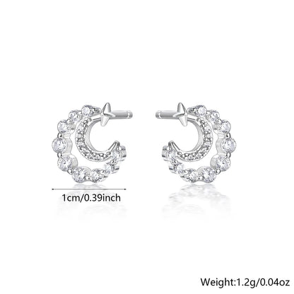 1 Pair Elegant Sweet Star Moon Heart Shape Inlay Sterling Silver Zircon White Gold Plated Drop Earrings Ear Studs