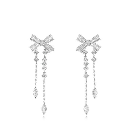 1 Pair Elegant Sweet Water Droplets Bow Knot Tassel Copper Zircon Drop Earrings