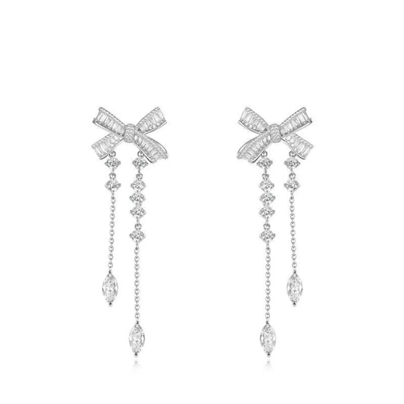 1 Pair Elegant Sweet Water Droplets Bow Knot Tassel Copper Zircon Drop Earrings