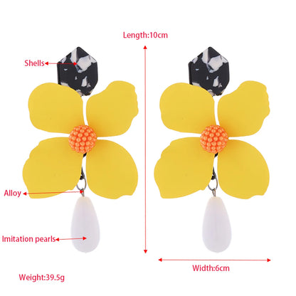 1 Pair Elegant Sweet Water Droplets Flower Stoving Varnish Inlay Alloy Artificial Pearls Shell Gold Plated Drop Earrings