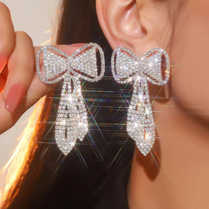 1 Pair Elegant Tassel Bow Knot Plating Inlay Alloy Rhinestones Drop Earrings