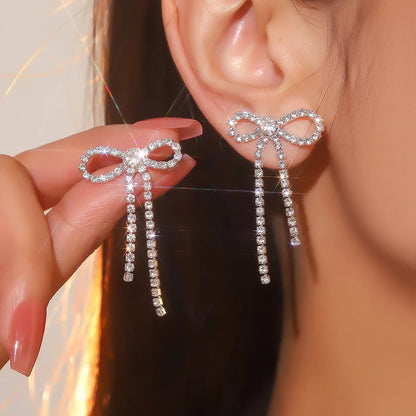 1 Pair Elegant Tassel Bow Knot Plating Inlay Alloy Rhinestones Drop Earrings