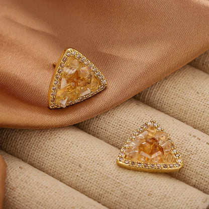 1 Pair Elegant Triangle Plating Hollow Out Inlay Copper Artificial Crystal 14K Gold Plated Ear Studs