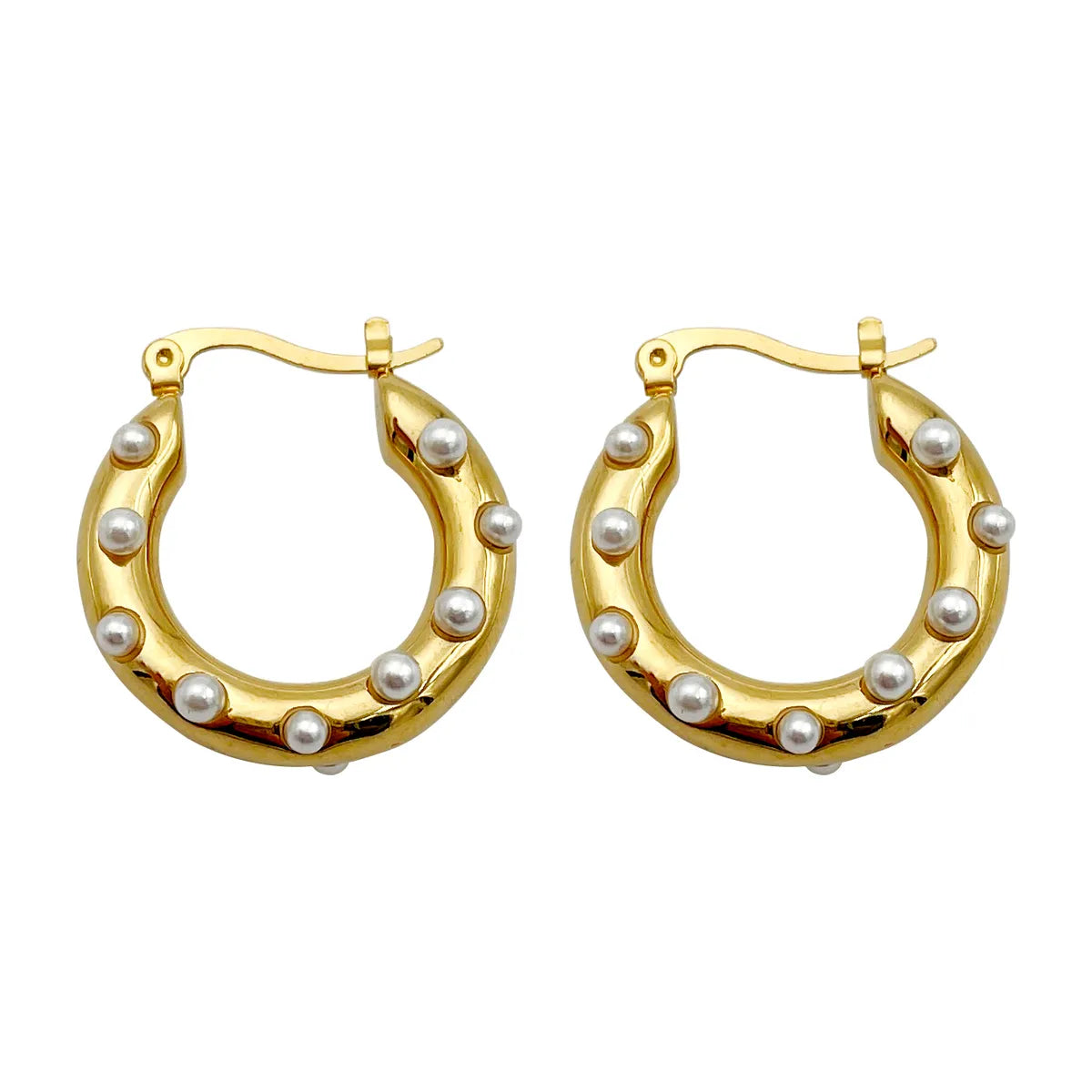 1 Pair Elegant U Shape Polishing Plating Inlay Stainless Steel Metal Pearl Gold Plated Hoop Earrings