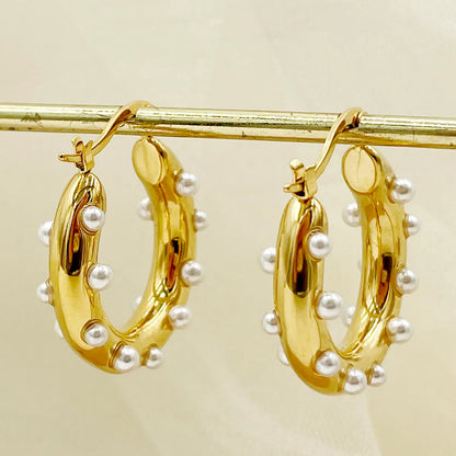 1 Pair Elegant U Shape Polishing Plating Inlay Stainless Steel Metal Pearl Gold Plated Hoop Earrings