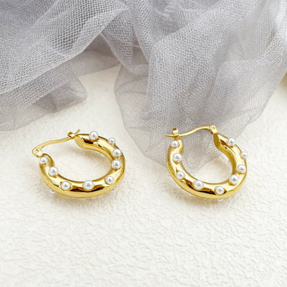 1 Pair Elegant U Shape Polishing Plating Inlay Stainless Steel Metal Pearl Gold Plated Hoop Earrings