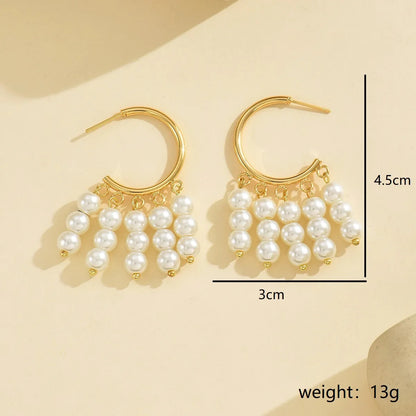 1 Pair Elegant Vacation Classic Style C Shape Tassel Asymmetrical Beaded Hollow Out Imitation Pearl Copper 18K Gold Plated Drop Earrings