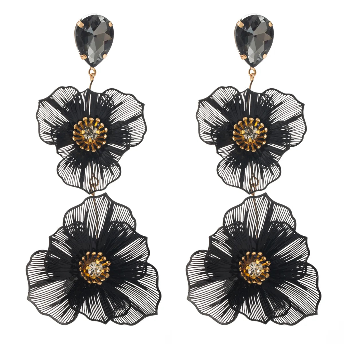 1 Pair Elegant Vacation Classic Style Flower Hollow Out Inlay Alloy Rhinestones Glass Silver Plated Drop Earrings