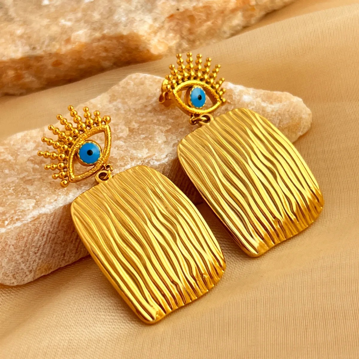 1 Pair Elegant Vacation Devil'S Eye Square Polishing Enamel Plating 304 Stainless Steel 18K Gold Plated Drop Earrings