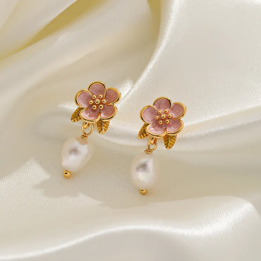 1 Pair Elegant Vacation Flower Plating Inlay Copper Pearl 18K Gold Plated Drop Earrings