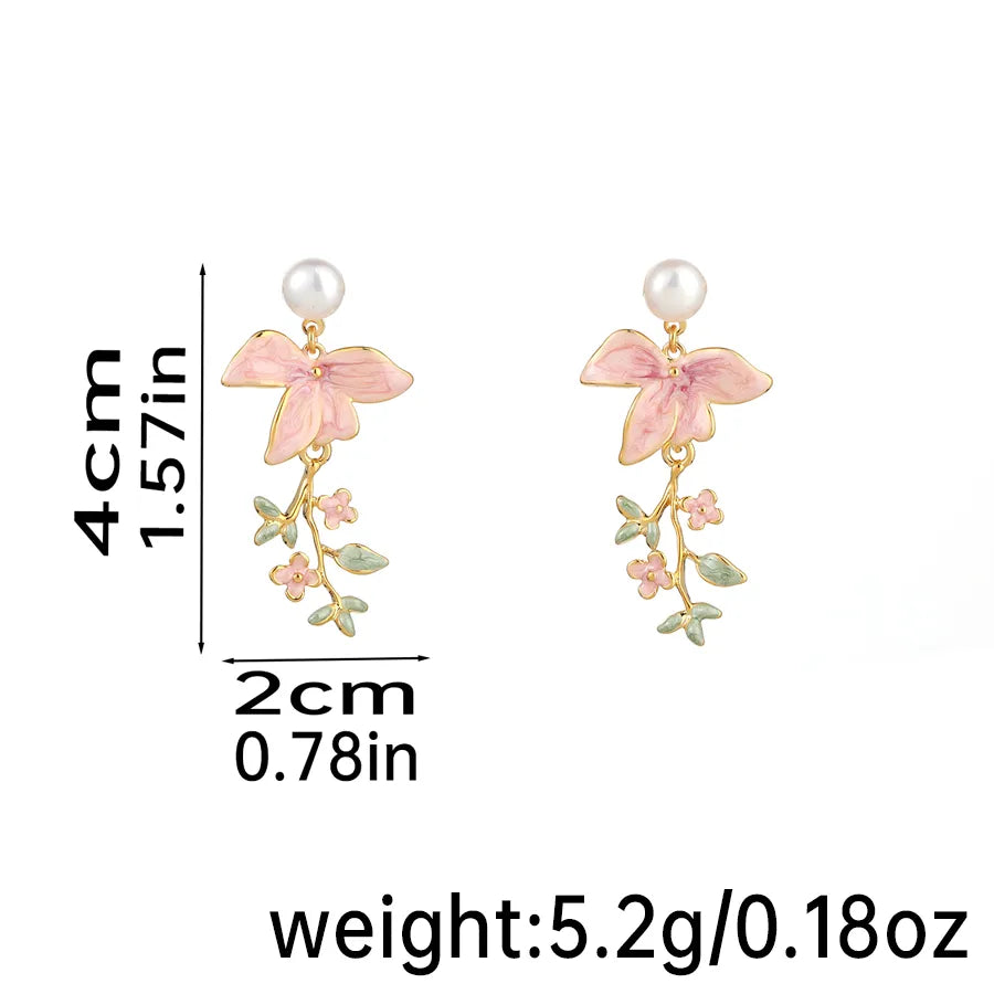 1 Pair Elegant Vacation Flower Plating Inlay Copper Pearl 18K Gold Plated Drop Earrings