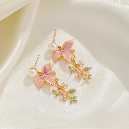 1 Pair Elegant Vacation Flower Plating Inlay Copper Pearl 18K Gold Plated Drop Earrings