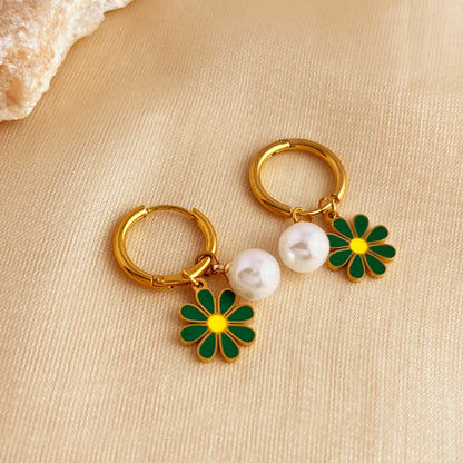 1 Pair Elegant Vacation Flower Polishing Enamel Plating 201 Stainless Steel 18K Gold Plated Drop Earrings