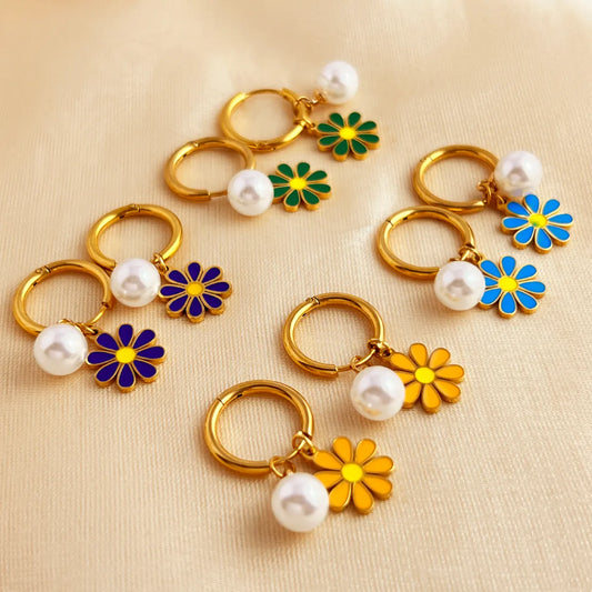 1 Pair Elegant Vacation Flower Polishing Enamel Plating 201 Stainless Steel 18K Gold Plated Drop Earrings