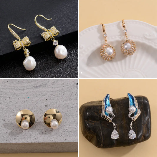 1 Pair Elegant Vacation Shiny Irregular Bow Knot Plating Inlay Copper Freshwater Pearl Zircon Drop Earrings