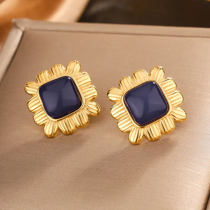 1 Pair Elegant Vintage Style Commute Square Argyle Frill Inlay 304 Stainless Steel Resin 18K Gold Plated Ear Studs