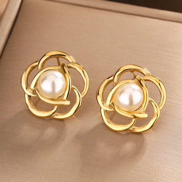 1 Pair Elegant Vintage Style Flower Plating Hollow Out Inlay 304 Stainless Steel Turquoise Opal Turquoise Opal Pearl 18K Gold Plated Ear Studs