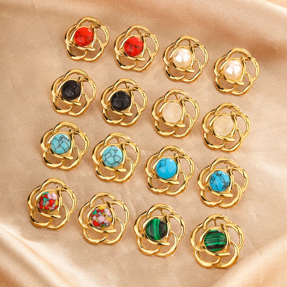 1 Pair Elegant Vintage Style Flower Plating Hollow Out Inlay 304 Stainless Steel Turquoise Opal Turquoise Opal Pearl 18K Gold Plated Ear Studs
