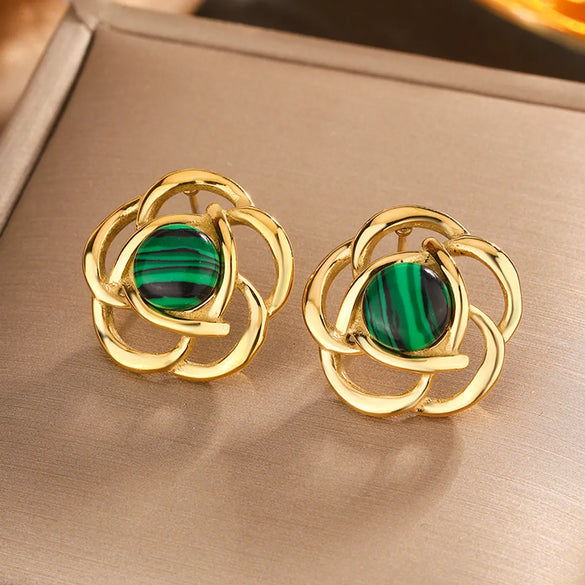 1 Pair Elegant Vintage Style Flower Plating Hollow Out Inlay 304 Stainless Steel Turquoise Opal Turquoise Opal Pearl 18K Gold Plated Ear Studs