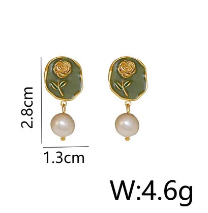 1 Pair Elegant Vintage Style Lady Rose Enamel Inlay Copper Freshwater Pearl Drop Earrings