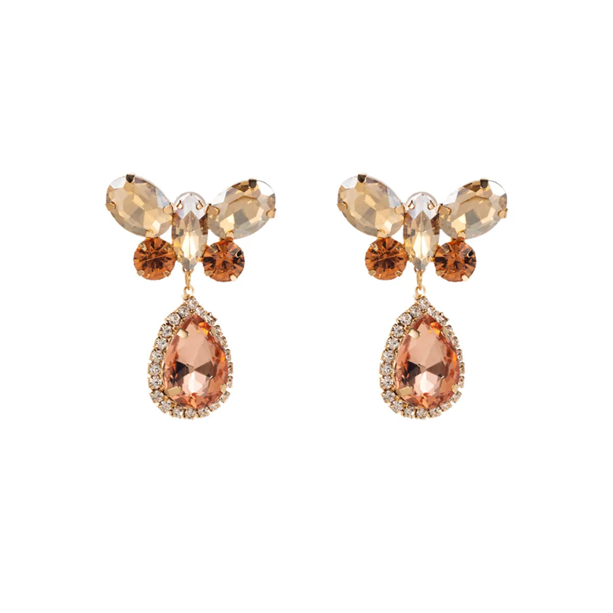 1 Pair Elegant Water Droplets Butterfly Plating Inlay Alloy Rhinestones Gold Plated Drop Earrings