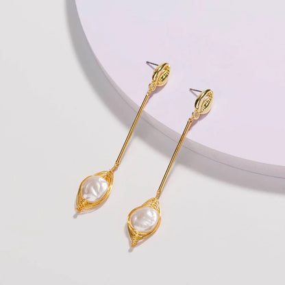 1 Pair Elegant Water Droplets Freshwater Pearl Copper Drop Earrings