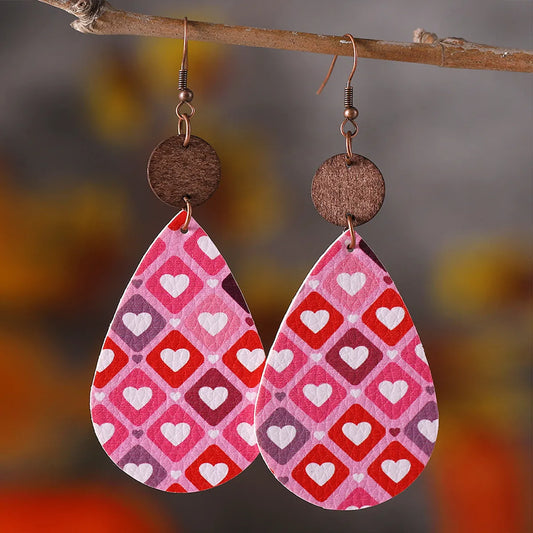 1 Pair Elegant Water Droplets Pu Leather Wood Drop Earrings